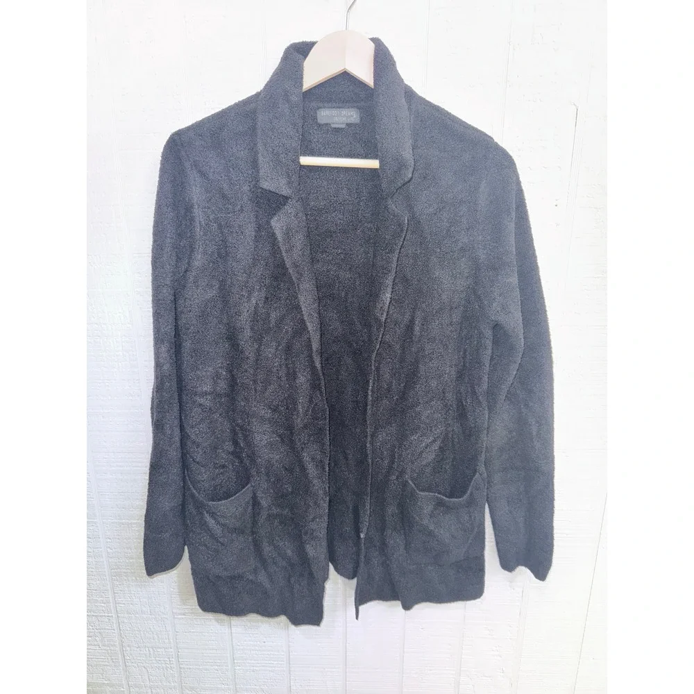 Barefoot Dreams CozyChic Lite Cardigan Women Black Notched Lapel Blazer Medium